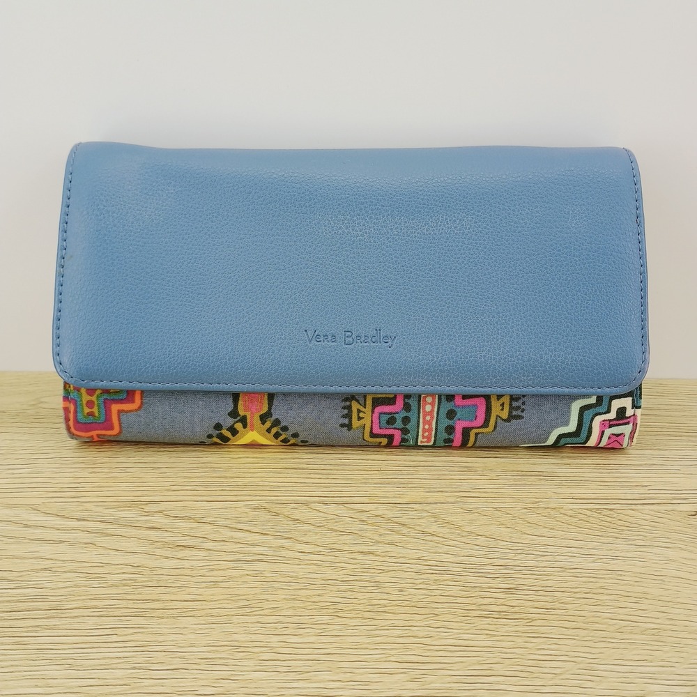 Vera Bradley Trifold Wallet Audrey Painted Medallions Blue Canvas Fabric